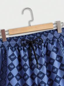 Genlund Bộ áo sơ mi dài tay và quần short in họa tiết tối giản dành cho nam cỡ lớn, thích hợp cho kỳ nghỉ. - Màu xanh lam - Xem 7