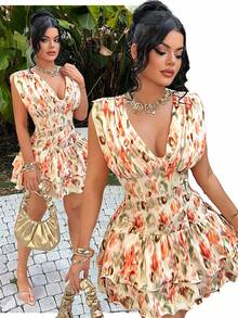 SHEIN SXY 印花度假蛋糕迷你裙连衣裙，波西米亚风连衣裙，女士度假连衣裙，度假晚宴连衣裙，哈瓦那之夜连衣裙，吊带裙，沙滩，春季，夏季，性感度假连衣裙，女士夏季连衣裙，女士度假连衣裙，女士夏季套装，女士精美连衣裙，女士波西米亚印花连衣裙 - 彩色 - 查看 2