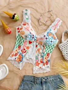 Soleia Women's Floral Print Contrast Lace Sleeveless Top,Summer Top - Multicolor - View 3