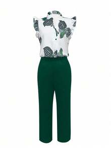EMERY ROSE Women's Floral Print Cap Sleeve Shirt And Pants Elegant 2-Piece Set (Belt Is Decorative) - Dark Green - View 4