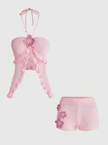 ROMWE Bộ đồ 2 món phong cách nghỉ dưỡng trên đảo, gồm áo hai dây buộc cổ và quần short cạp siêu thấp dành cho nữ. - Hồng - Xem 1