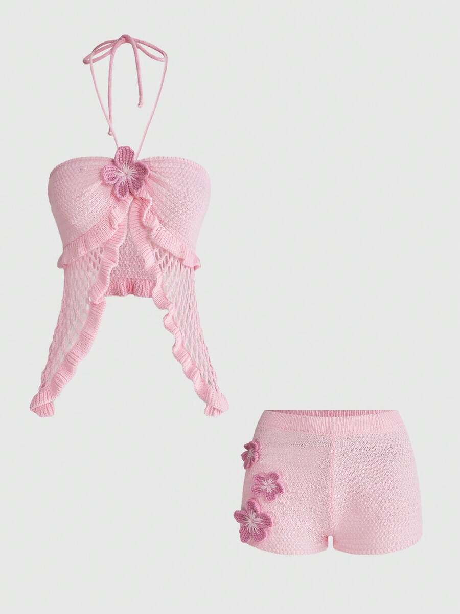 ROMWE Bộ đồ 2 món phong cách nghỉ dưỡng trên đảo, gồm áo hai dây buộc cổ và quần short cạp siêu thấp dành cho nữ. - Hồng - Xem 1