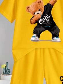 SHEIN Young Boy Casual Simple T-Shirt Set, Classic Cool Bear Graphic Print, Suitable For Spring/Summer - Multicolor - View 6