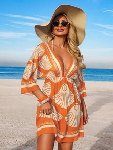 Swim Lushoire 女士春夏沙滩连衣裙，印花V领收腰度假长裙，含罩衫套装 - 橘色 - 查看 4