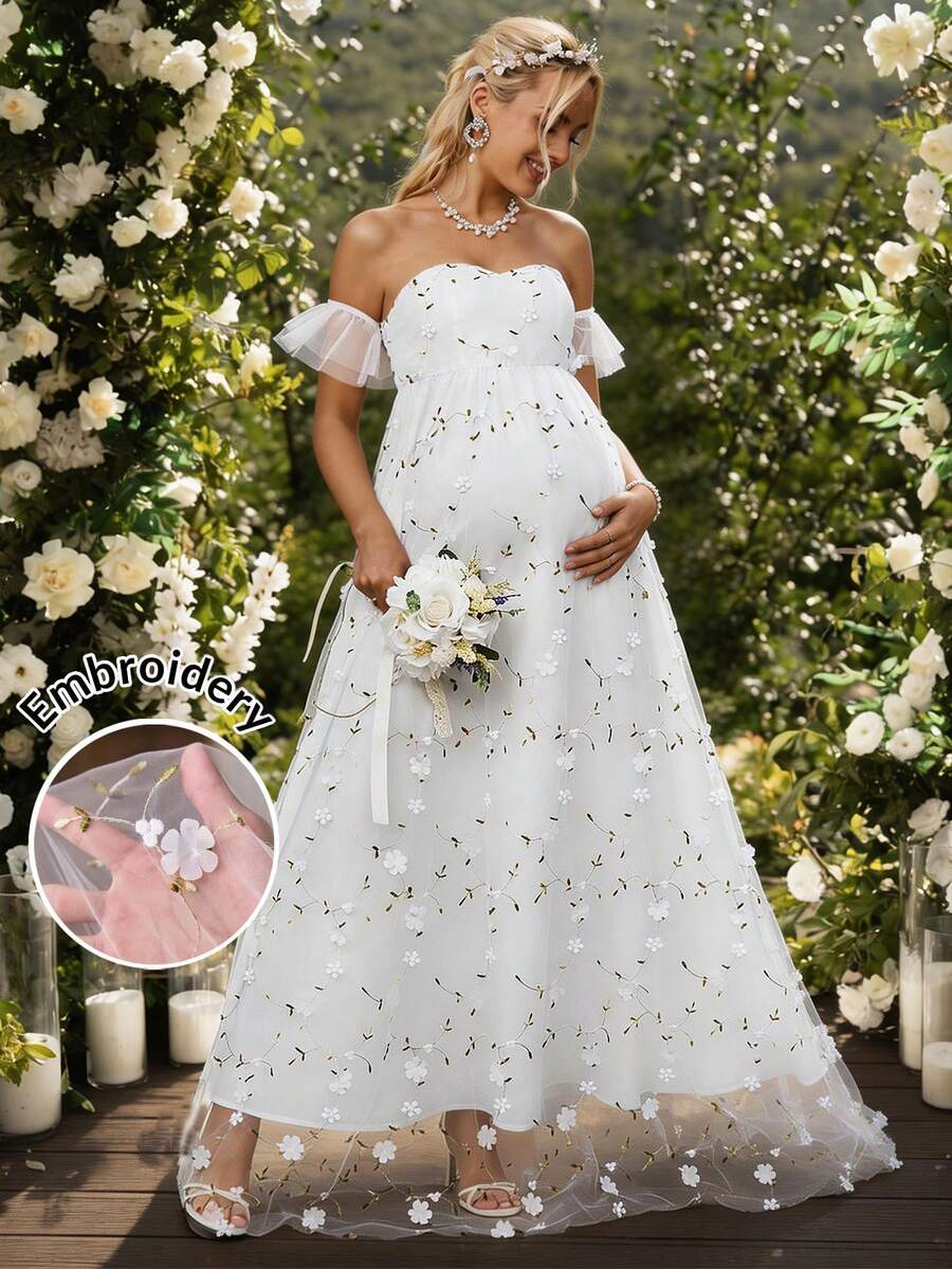 SHEIN 孕妇植物刺绣装饰露肩优雅连衣裙 - 白色 - 查看 1