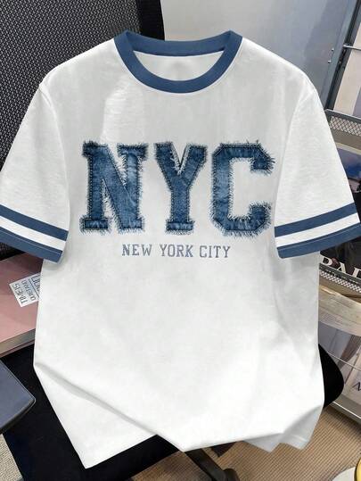 Manfinity Joysei 复古纽约刺绣图案圆领短袖T恤，夏季学院风宽松休闲情侣上衣，撞色袖口和领口，宽松小众设计图案圆领T恤，男女皆宜。