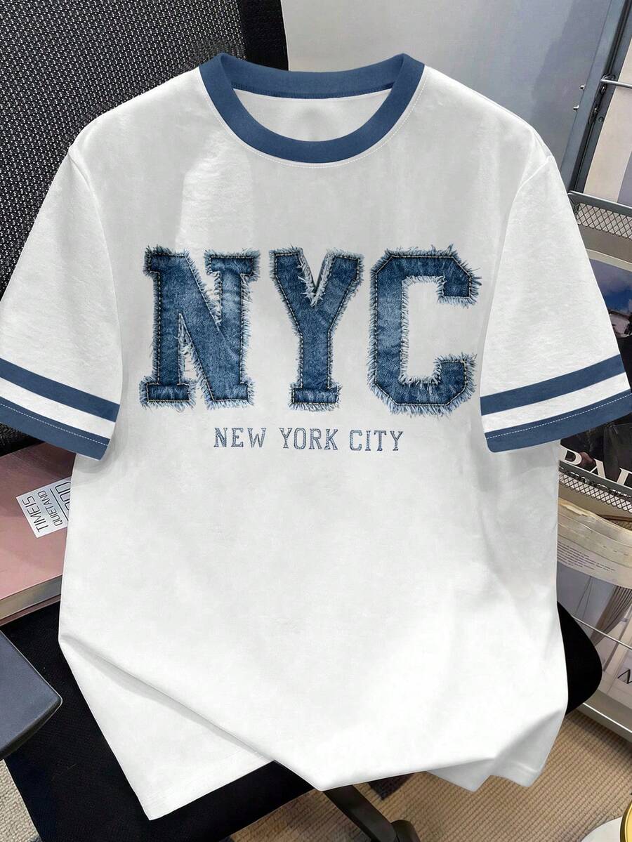 Manfinity Joysei 复古纽约刺绣图案圆领短袖T恤，夏季学院风宽松休闲情侣上衣，撞色袖口和领口，宽松小众设计图案圆领T恤，男女皆宜。 - 彩色 - 查看 1