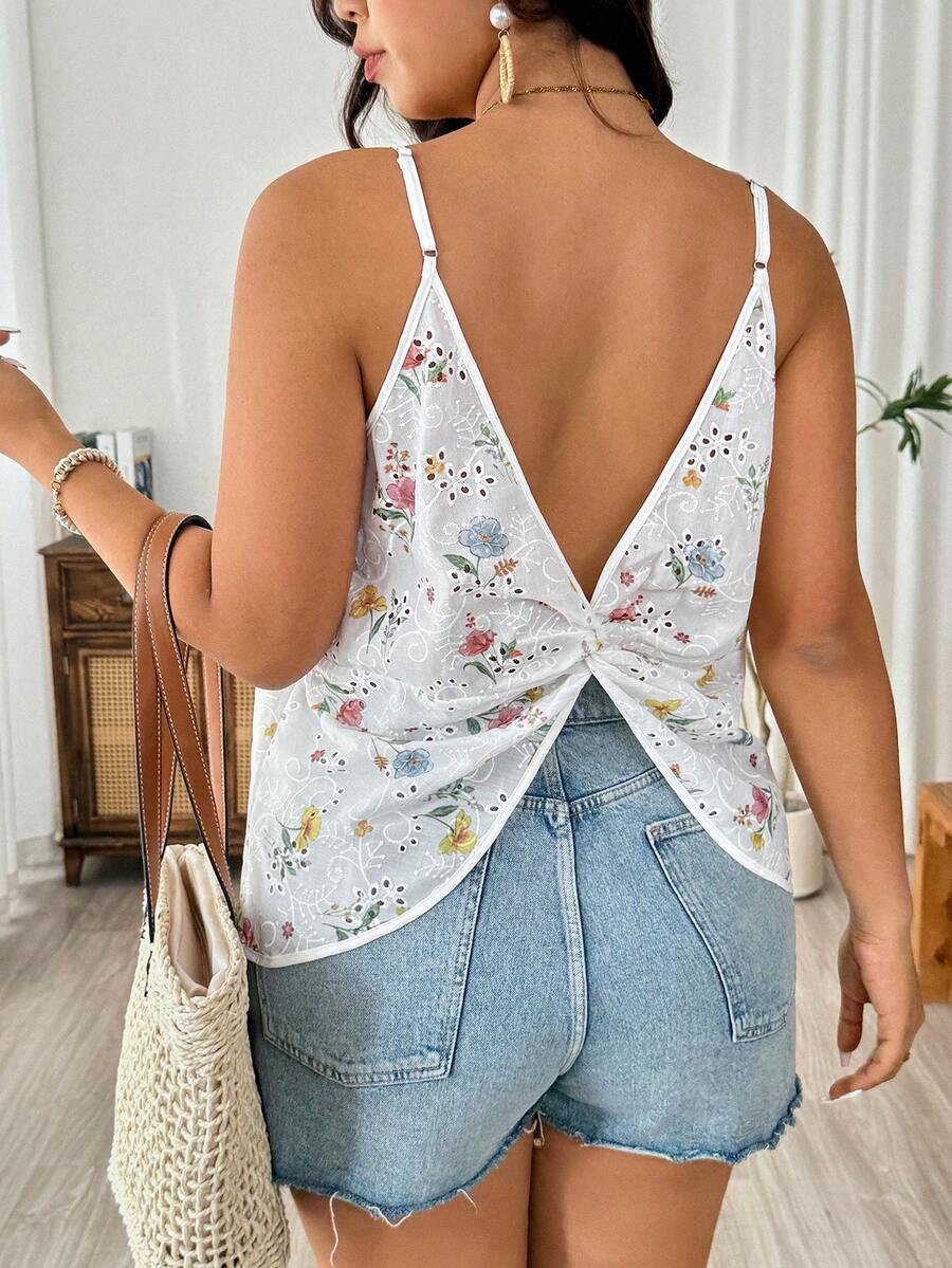 EMERY ROSE Regata Casual Elegante de Férias com Bordado e Estampa, Tecido com Nó Nas Costas, Blusas Casuais para Mulheres no Verão, Looks Fofos de Primavera para Mulheres, Looks de Verão para Mulheres, Blusas de Verão para Mulheres, Blusas de Verão Fofas para Usar com Denim, Looks Casuais de Verão para Mulheres, Blusas Decotadas Nas Costas para Mulheres, Looks Casuais de Verão para Mulheres, Blusas de Verão para Mulheres, Estilo Campus, Uso Diário - Branco - Visão 1