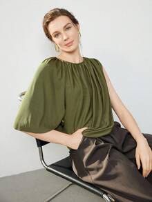 Uhlyne Uhlyne Asymmetrical Design Casual Commuting Single Sleeve Women T-Shirt,Autumn,Minimalist,Business Casual,Holiday,Work Wear,Teacher,Back To School,Fall,Old Money Style - Olive Green - View 4