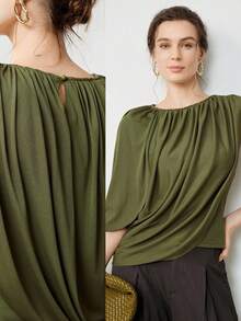 Uhlyne Uhlyne Asymmetrical Design Casual Commuting Single Sleeve Women T-Shirt,Autumn,Minimalist,Business Casual,Holiday,Work Wear,Teacher,Back To School,Fall,Old Money Style - Olive Green - View 9