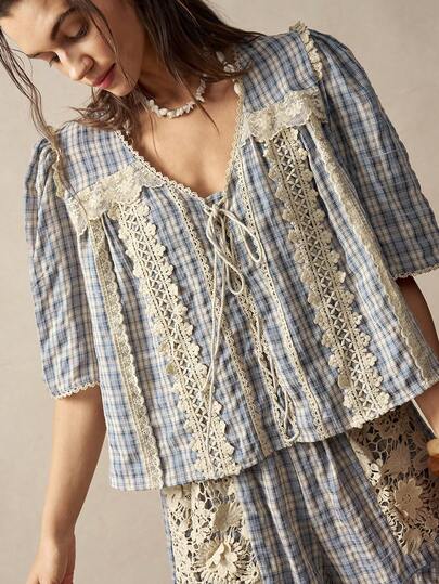 Bohemela 女士休闲格纹短袖V领衬衫，蕾丝拼接格纹上衣，波西米亚风穿搭，夏季波西米亚风女装，野餐装，夏季女士上衣