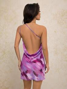 SHEIN PETITE Brush Blur Print Draped Backless Sexy Dress Perfect For Vacation - Purple - View 4