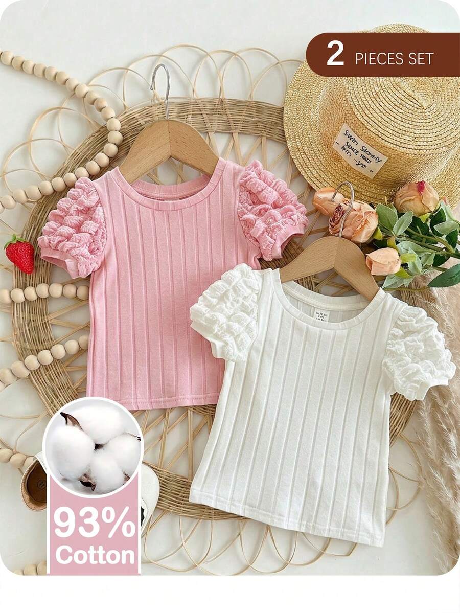 SHEIN 2pcs Cute Casual Solid Color Bubble Short Sleeve Knit Tops, "Babygirl" - Multicolor - View 1