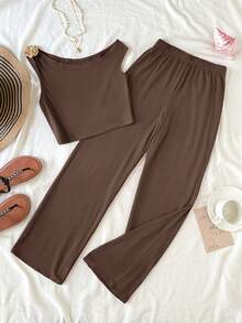 少女玫瑰装饰褶皱单肩T恤和配套长裤套装，针织纯色棕色套装，春夏款 - 棕色 - 查看 2
