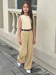 Firerie Kids Firerie Kids 少女纯色圆领褶皱阔腿休闲无袖连体裤 - 杏色 - 查看 4