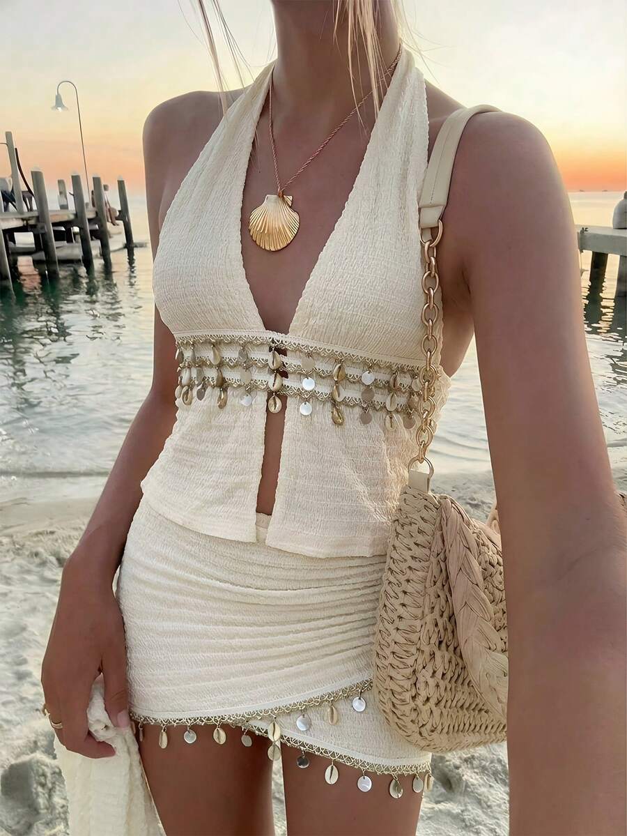 Aloruh 女士休闲优雅度假提花两件套，沙滩装，音乐会套装，贝壳边露背上衣和迷你裙。绝美海岛装扮