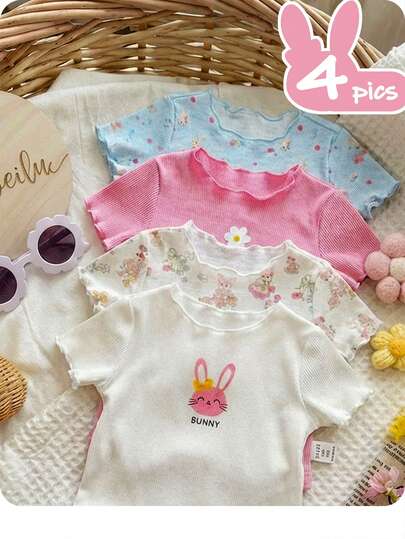 SHEIN Bộ 4 áo liền quần dệt kim co giãn dễ thương cho bé gái sơ sinh, họa tiết hoạt hình, eo chun.