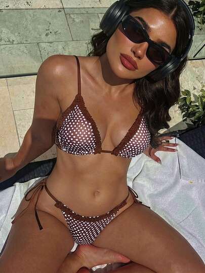  Bonvoyette-D Polka Dot Random Print Tie-Front Knotted Backless Side Waist Tie Frill Trim Sexy Cute Women 2-Piece Bikini Swimsuit, Spring/Summer Bikinis For Women Sets Holiday Women Two Piece