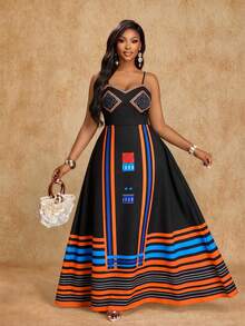 Brilight 女士时尚度假连衣裙，宽松A字廓形，条纹印花，波西米亚风格。适合婚礼季、节日、毕业季、情人节、派对等各种场合。春夏连衣裙。 - 黑色 - 查看 5