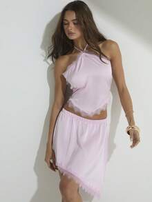 Aralina Váy ngắn nữ cạp chun, dáng chữ A, vạt bất đối xứng, chất liệu satin phối ren, thích hợp mặc đi chơi, dự tiệc, mùa hè. - Hồng - Xem 7