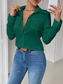 Airaco 休闲领口袋修身白色长袖女式衬衫 - 墨綠色 - 查看 7