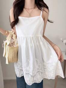 FRIFUL 女款素色細肩帶無袖夏季刺繡優雅上衣 - 白色 - 查看 8