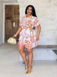 Veslaya Plus Size Women's White Summer Boho Vacation Holiday Floral Print Short Sleeve Shirt And Elastic Waist Shorts 2 Pieces Set,Chic Streetwear Outfits - Multicolor - View 5