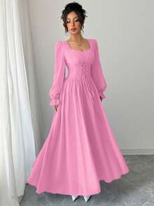 Modelyn Women's Solid Color Sweetheart Neck Tie-Up Design Elegant Waist Cinched Dress - Pink - View 4