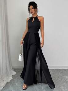 Elenzga petite 女士优雅度假风黑色露背系带V领镂空收腰显瘦薄纱拼接连体裤 - 黑色 - 查看 5