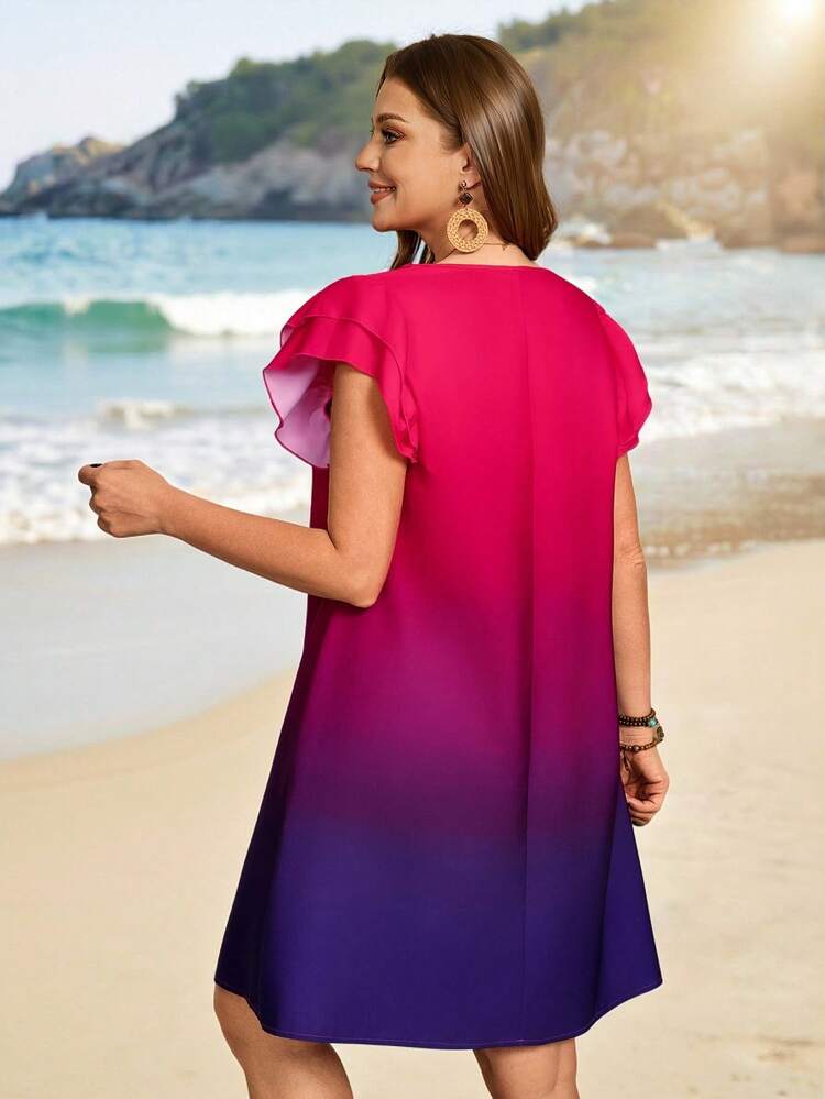 Plus Size Ombre V-Neck Ruffle Hem Elegant Short Sleeve Dress, Women Vacation Dress, Plus Size Beach Dress