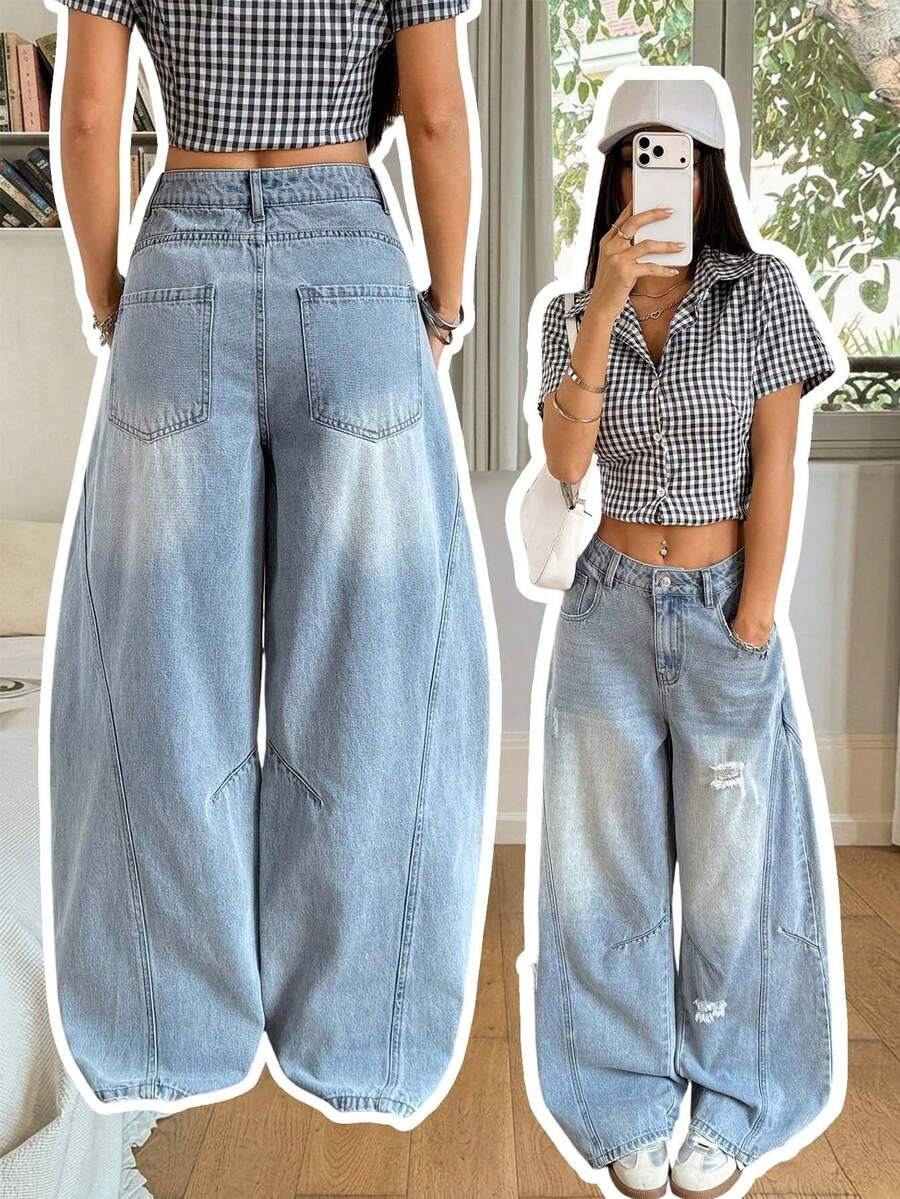 Rivivi Quần jeans nữ ống loe rách rưới kiểu râu mèo, thích hợp mặc hàng ngày. - Rửa nhẹ - Xem 1