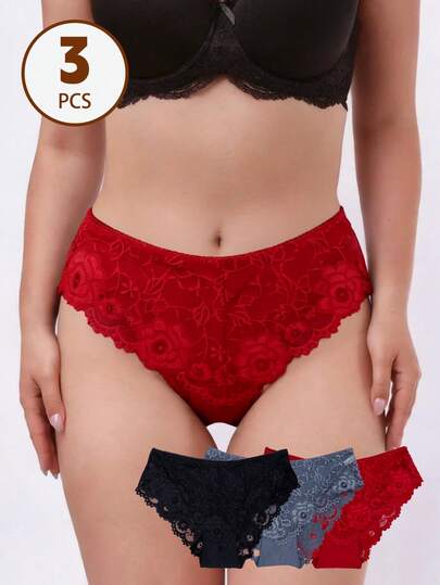 3 piezas de bragas elegantes de unicolor con ribete de encaje, estilo cómodo para mujeres