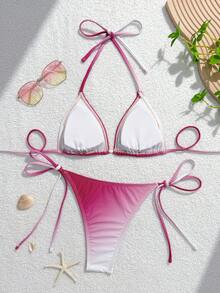 Swim Mod Embroidered Summer New Halter Strap Women's Swimsuit Ombre Floral Beaded Triangle Bikini Set, Beach Holiday Swimwear - Purple - View 3