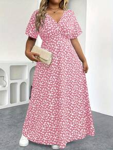 Elenzga Đầm maxi cỡ lớn họa tiết hoa nhí, kiểu dáng gợi cảm, cổ chữ V, chấm bi, tay ngắn, phong cách bohemian. - Hồng - Xem 3