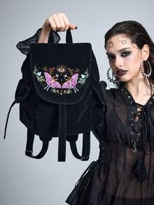 ROMWE Flower Type: 1689137 High Quality Embroidery Thread Sun Star Moon Moth Mushroom Plant Pattern Backpack Dark Goth Backpack - bright black - View 3