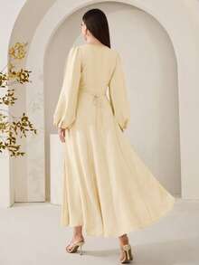 Veilorie Women's Solid Color V-Neck Lantern Sleeve Pleated Design Arabic Style Dress - Yellow - View 2