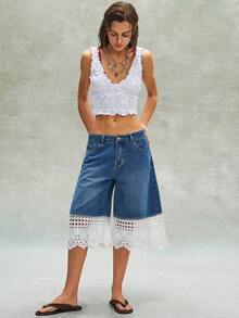 Bohemela 休闲梭织牛仔拼接蕾丝边宽松女裤 - 藍色 - 查看 5