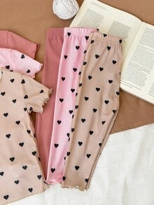 SHEIN LMoss Kids 女婴爱心图案荷叶边圆领短袖睡衣套装，6件套，柔软亲肤 - 彩色 - 查看 3