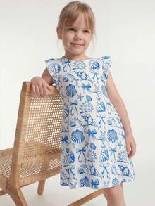 Maija Kids Maija Kids 1 chiếc đầm dệt kim không tay dáng rộng, thanh lịch, dễ thương họa tiết vỏ sò và sao biển, viền bèo nhún, thích hợp mặc hàng ngày, đi học, dã ngoại, họp mặt, lễ hội, mùa xuân và mùa hè. - Xanh và trắng - Xem 1