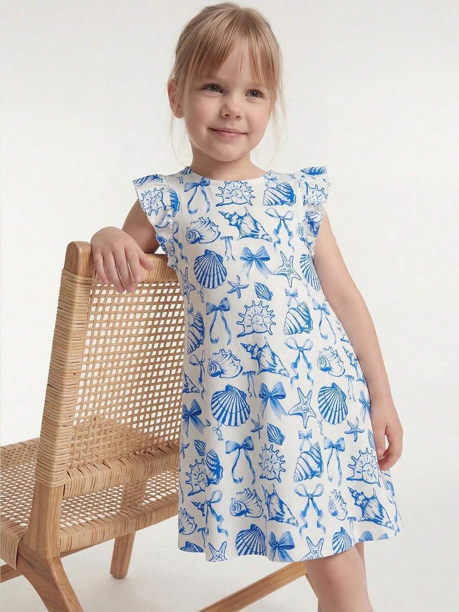 Maija Kids Maija Kids 1 chiếc đầm dệt kim không tay dáng rộng, thanh lịch, dễ thương họa tiết vỏ sò và sao biển, viền bèo nhún, thích hợp mặc hàng ngày, đi học, dã ngoại, họp mặt, lễ hội, mùa xuân và mùa hè. - Xanh và trắng - Xem 1