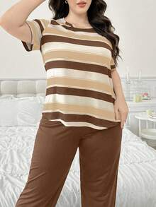 Conjunto de pijama de manga corta con estampado de rayas de color contrastante y pantalón largo de talla grande - Café integral - Ver 4