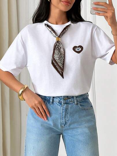 EURMUSE Women's Beige Leopard Print Scarf Embroidered T-Shirt – Short Sleeve, Casual Loose Fit, Animal Design Cotton Top, Statement Tee Tie Shirt Bandana Top Heart Shirt Preppy Tops Vintage T Shirts Women