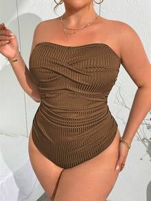 SHEIN Swim Curve Plus Size Women's Solid Color Spaghetti Strap Spaghetti Strap One-Piece Casual Swimsuit, Vacation Fashion - Brown - View 3
