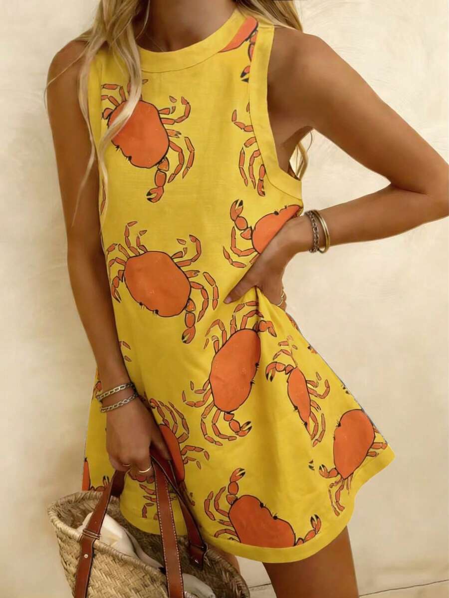 Breezaya Vestido de playa de estilo bohemio con talla grande para primavera/verano, con ribete de color contrastante, estampado aleatorio de motivo de cangrejo, corte holgado sin mangas, falda de línea A - Amarillo - Ver 1
