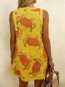 Breezaya Vestido de playa de estilo bohemio con talla grande para primavera/verano, con ribete de color contrastante, estampado aleatorio de motivo de cangrejo, corte holgado sin mangas, falda de línea A - Amarillo - Ver 2