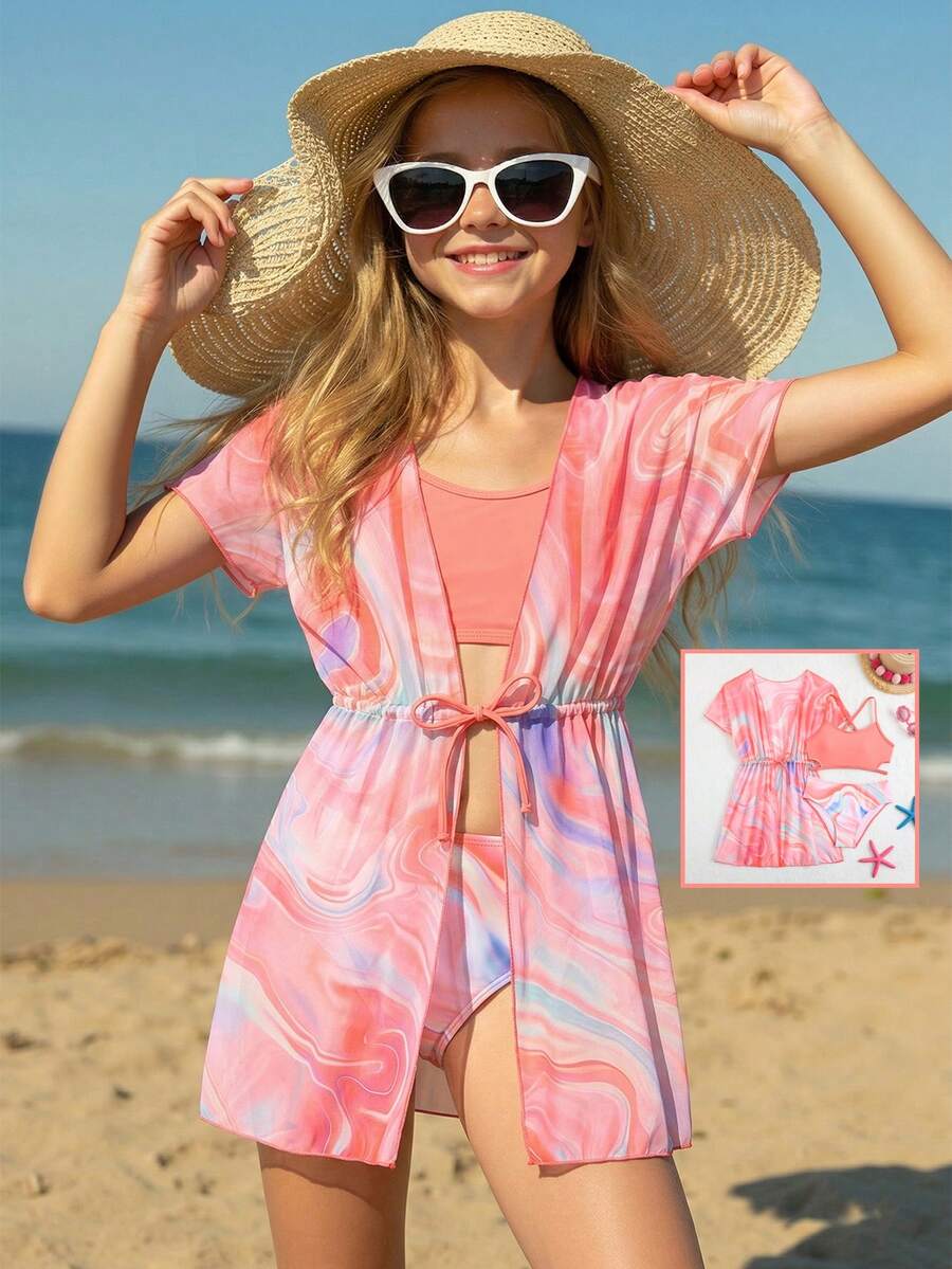 SHEIN Tween Girls 3 Pieces Bikini Sets, Pink Tie-Dye Two-Piece Swimsuit + Matching Mesh Cover-Up Three-Piece Set. New Summer Style, Skin-Friendly And Quick-Drying Swimwear. Side Cutout Design, Drawstring Waist Cover-Up. Stylish Beach Vacation/Pool Outfit. A Must-Have For A Dreamy And Gentle Style. - Hot Pink - View 1