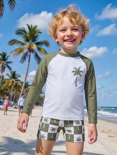 SHEIN 男童休闲泳装两件套，条纹泳裤+纯色防晒衣，适合游泳、海滩度假