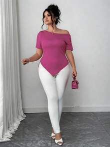 Elenzga Plus Size Women's Summer Asymmetric Shoulder Ruched Asymmetrical Hem Elegant Chic Commute Short Sleeve T-Shirt - Hot Pink - View 6