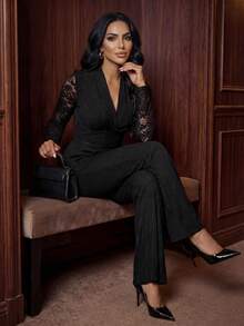 SHEIN Lady 女士优雅两件套：V 领撞色蕾丝长袖上衣和喇叭裤 - 黑色 - 查看 1