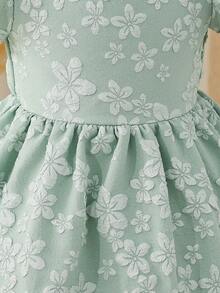 SHEIN Glamorique Kids 女婴优雅绿色提花泡泡袖圆领收腰可爱蓬蓬裙 - 綠色 - 查看 5